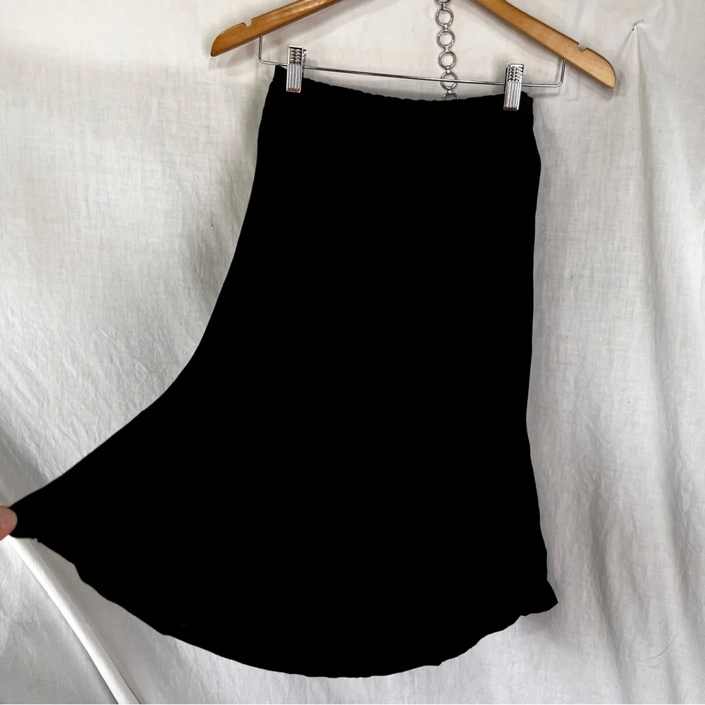 Vintage Black Slip Rayon Crepe Pink Wheels Simple Pull On Midi Slip Skirt Small